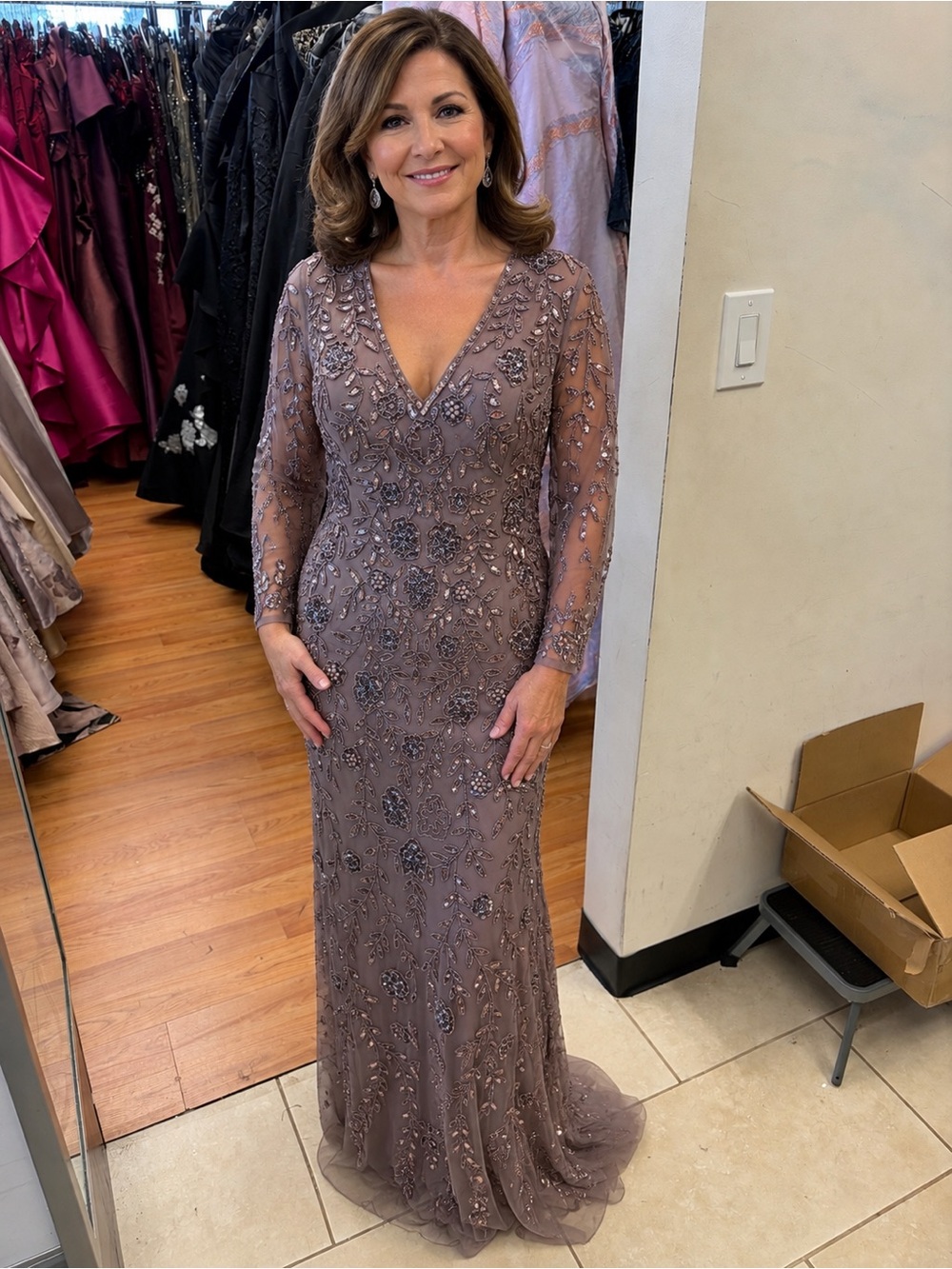 Embellished V-Neck Long Sleeve Evening Gown — Taupe Marsoni size 16